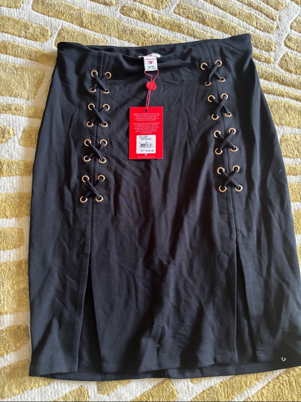 True Religion Black Midi Skirt with Grommet Lace-Up Panels